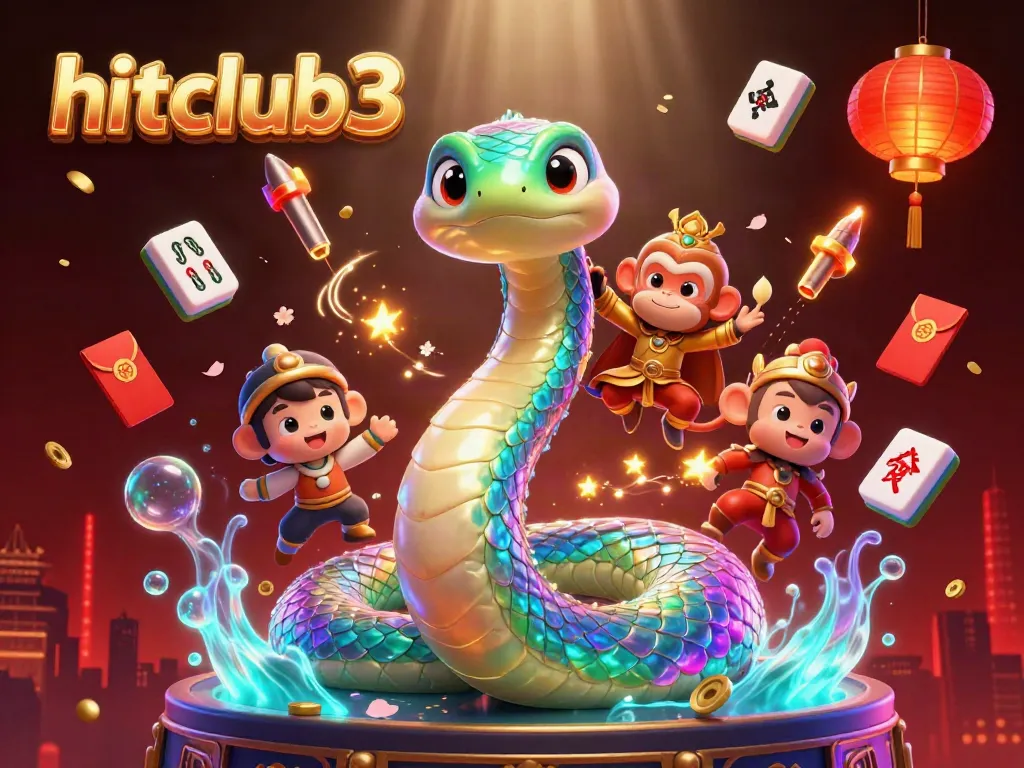 Experience the vibrant world of hitclub3 with a colorful 3D illustration featuring a serpent and monkey king in an exciting casino ambiance.