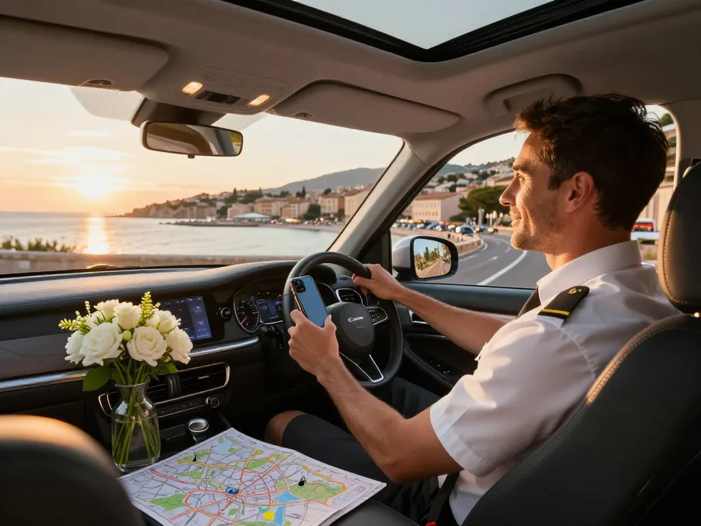 Expérience de Taxi St Tropez avec un voyageur satisfait profitant d'une balade panoramique dans un véhicule de luxe le long de la côte méditerranéenne.