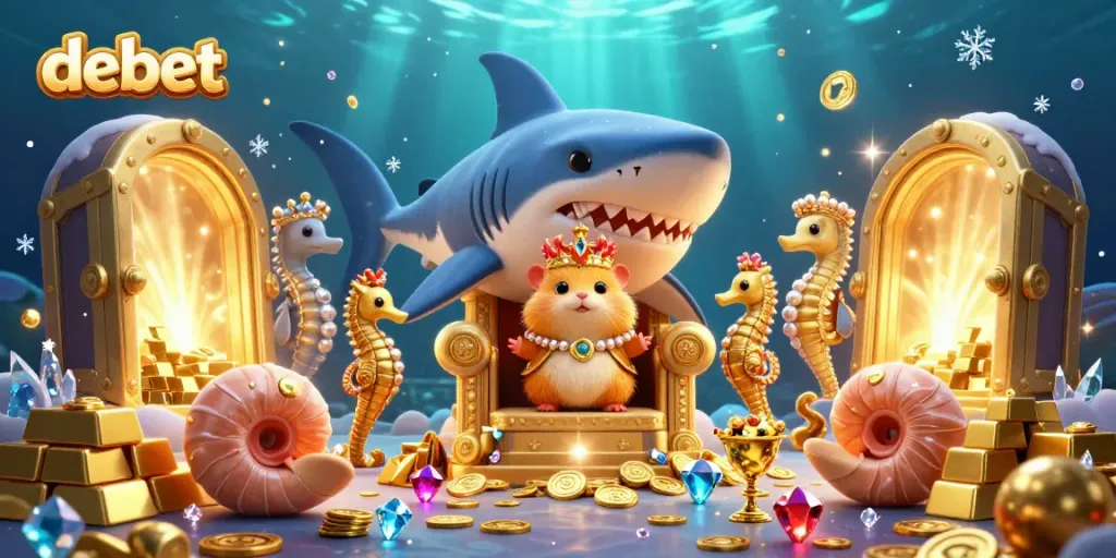Experience the thrill of debet with a vibrant underwater casino illustration featuring a golden hamster king and treasures.
