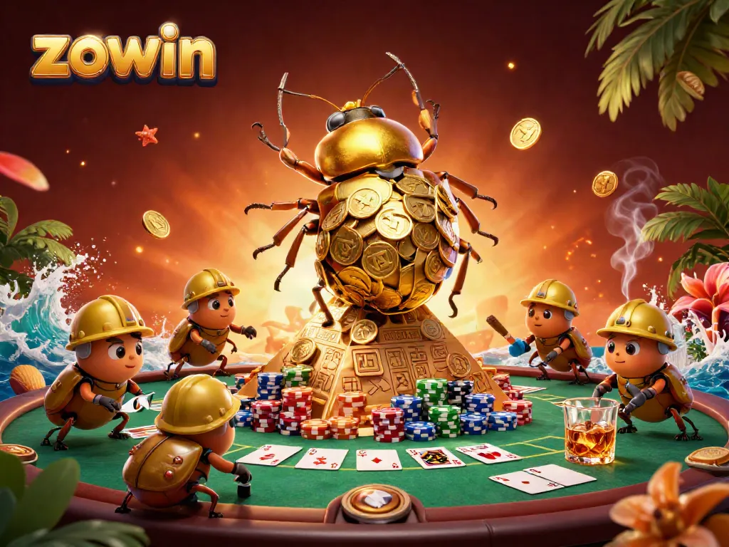 Zowin features a dynamic casino scene with colorful poker elements and a pyramid made of coins.
