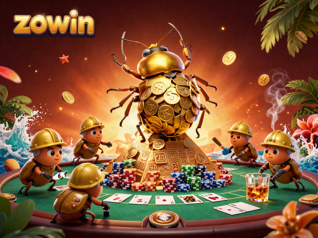 Zowin features a dynamic casino scene with colorful poker elements and a pyramid made of coins.