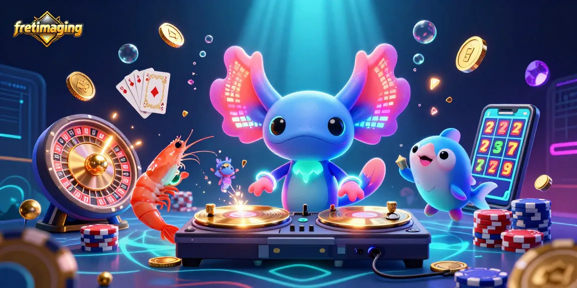 Engage with fretimaging's vibrant casino scene featuring a DJ, lively shrimp dancers, and sparkling game elements.