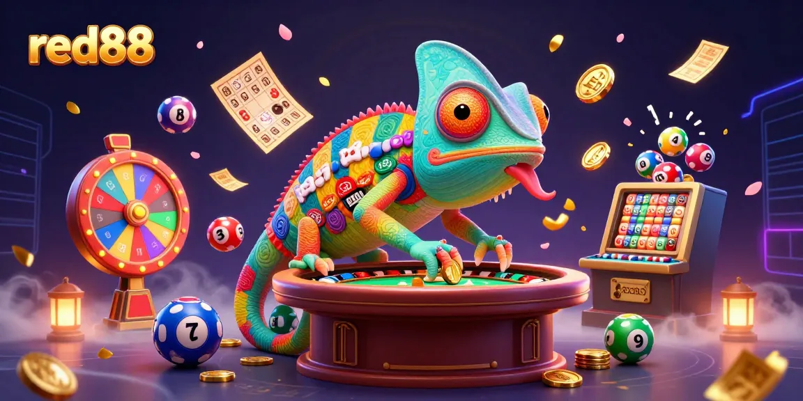 Experience the excitement of red88 with a colorful casino scene showcasing a chameleon owner surrounded by dynamic game elements.