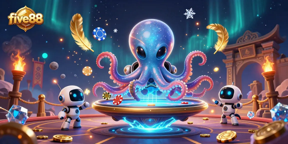 Experience the excitement of five88 with a 3D octopus mastering poker alongside vibrant cosmic elements.
