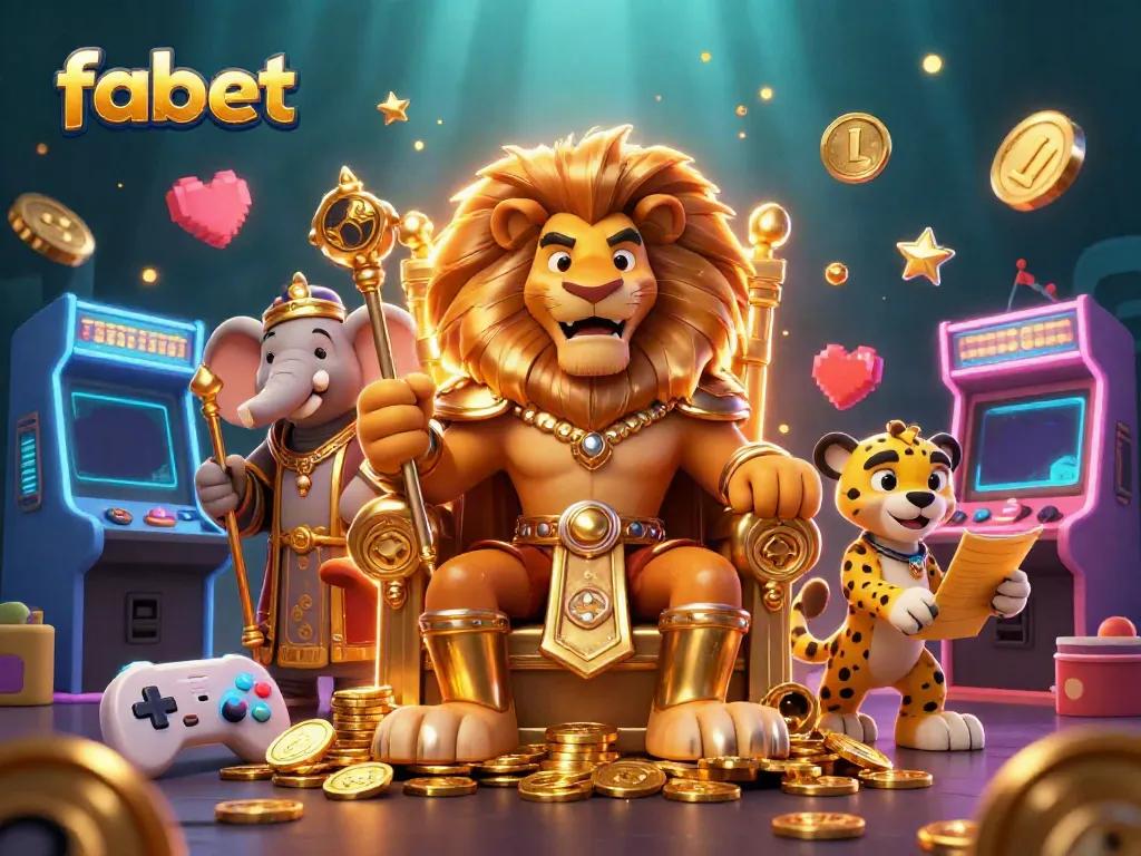 Experience the excitement of fabet casino with a vivid 3D illustration showcasing a royal lion and vibrant gaming elements.