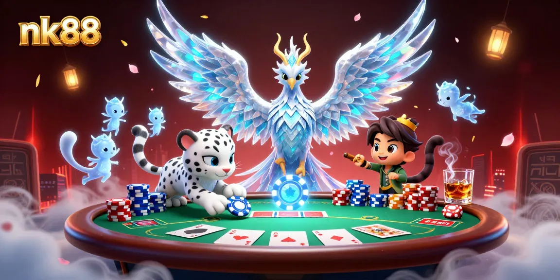 Engage with nk88's vibrant casino scene featuring a magical phoenix and poker dynamics.