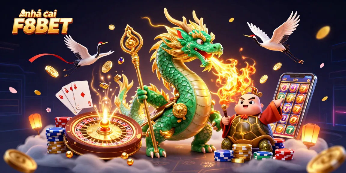 Experience vibrant gaming with nhà cái F8BET, featuring a dragon, turtle sage, and lucky cranes in a rich casino scene.