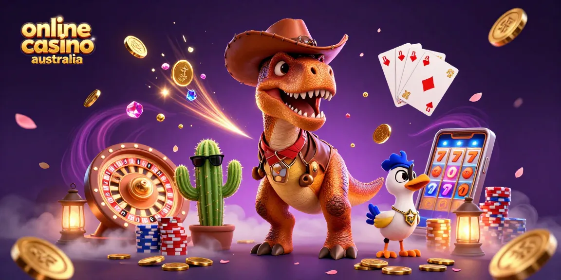 Cowboy dinosaur enriches the scene of an online casino Australia, surrounded by flying coins and rich gambling elements.