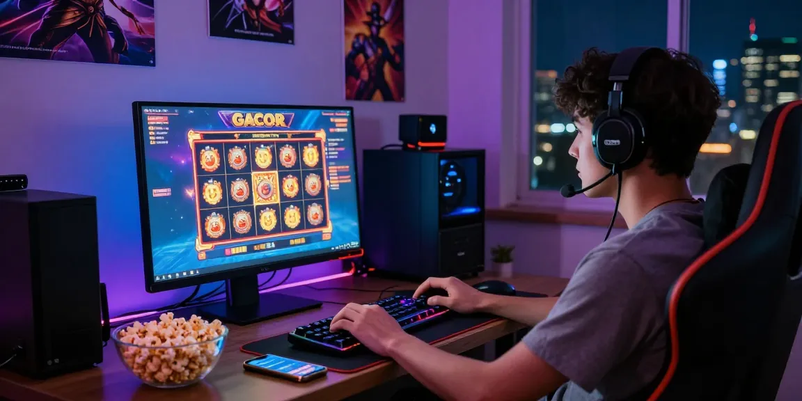 Player engaged in slot gacor game on computer, colorful LED lights enhancing gaming atmosphere.