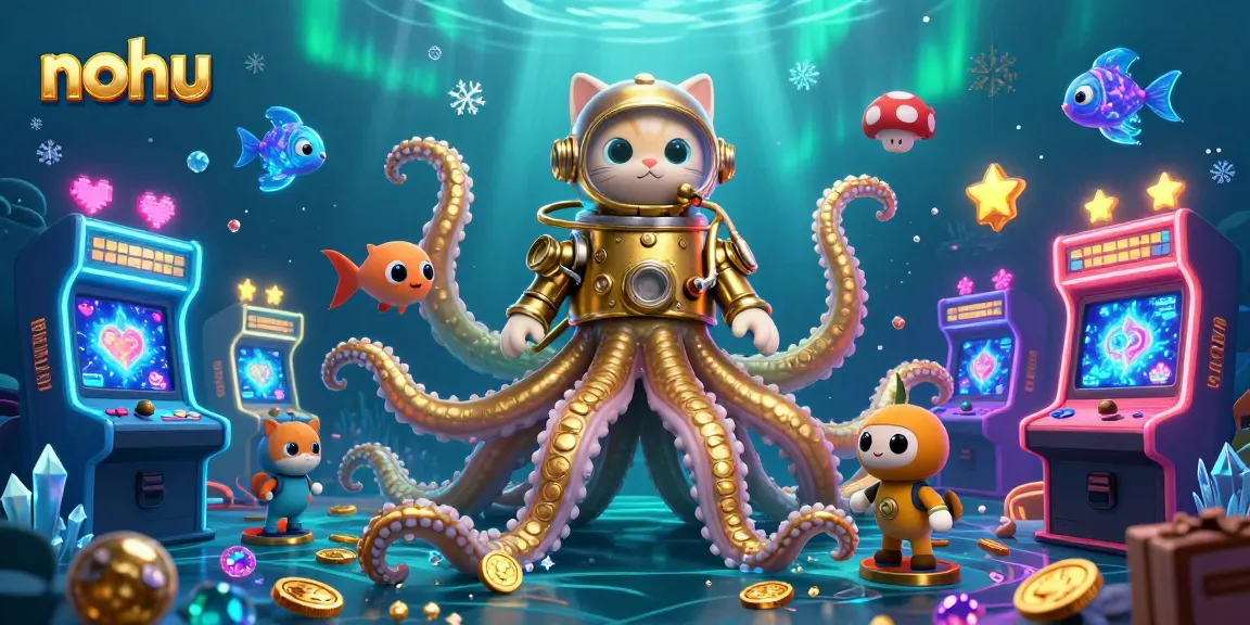 Experience nohu's thrilling depths with a kraken, diving cat, and glowing treasures.