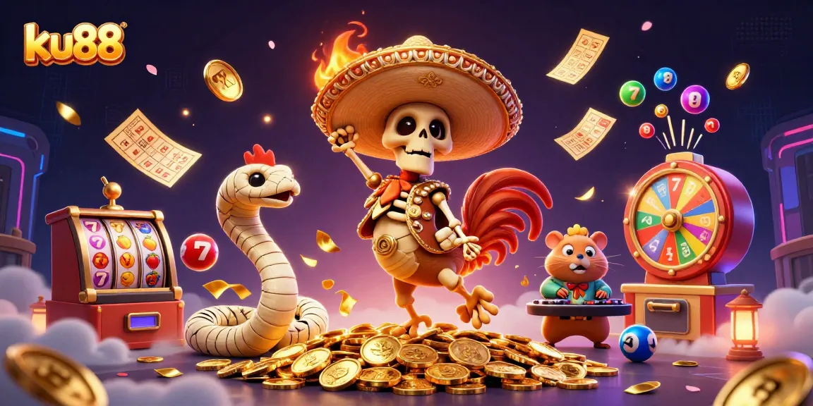 ku88 casino promo featuring a skeleton mariachi enjoying golden coins amidst dynamic gaming elements.