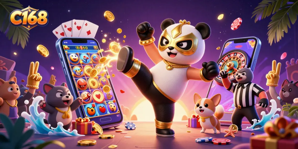 C168 engages players with a dynamic casino scene featuring a flying panda wrestler and vibrant slot game elements.