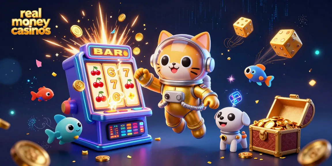 Experience exciting real money casinos with a 3D cartoon scene featuring an astronaut cat and a robot dog amidst vibrant casino elements.
